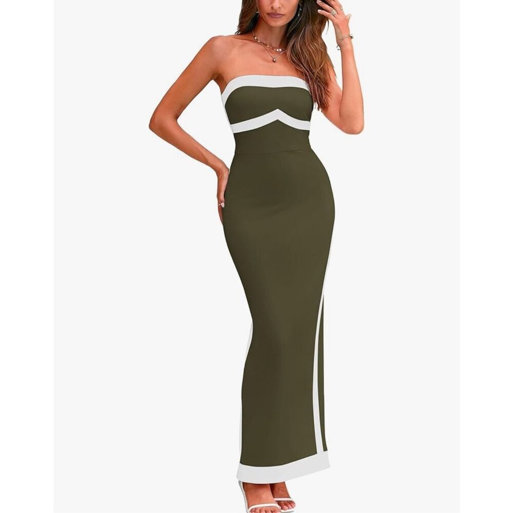 NEW Olive Green Bodycon Strapless Slit Cocktail Party Tube Maxi Dress S - Picture 3 of 7